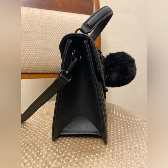 NWOT Aldo Black Quilted Handbag Crossbody Bag with Pom Pom Accessory - Picture 5 of 8